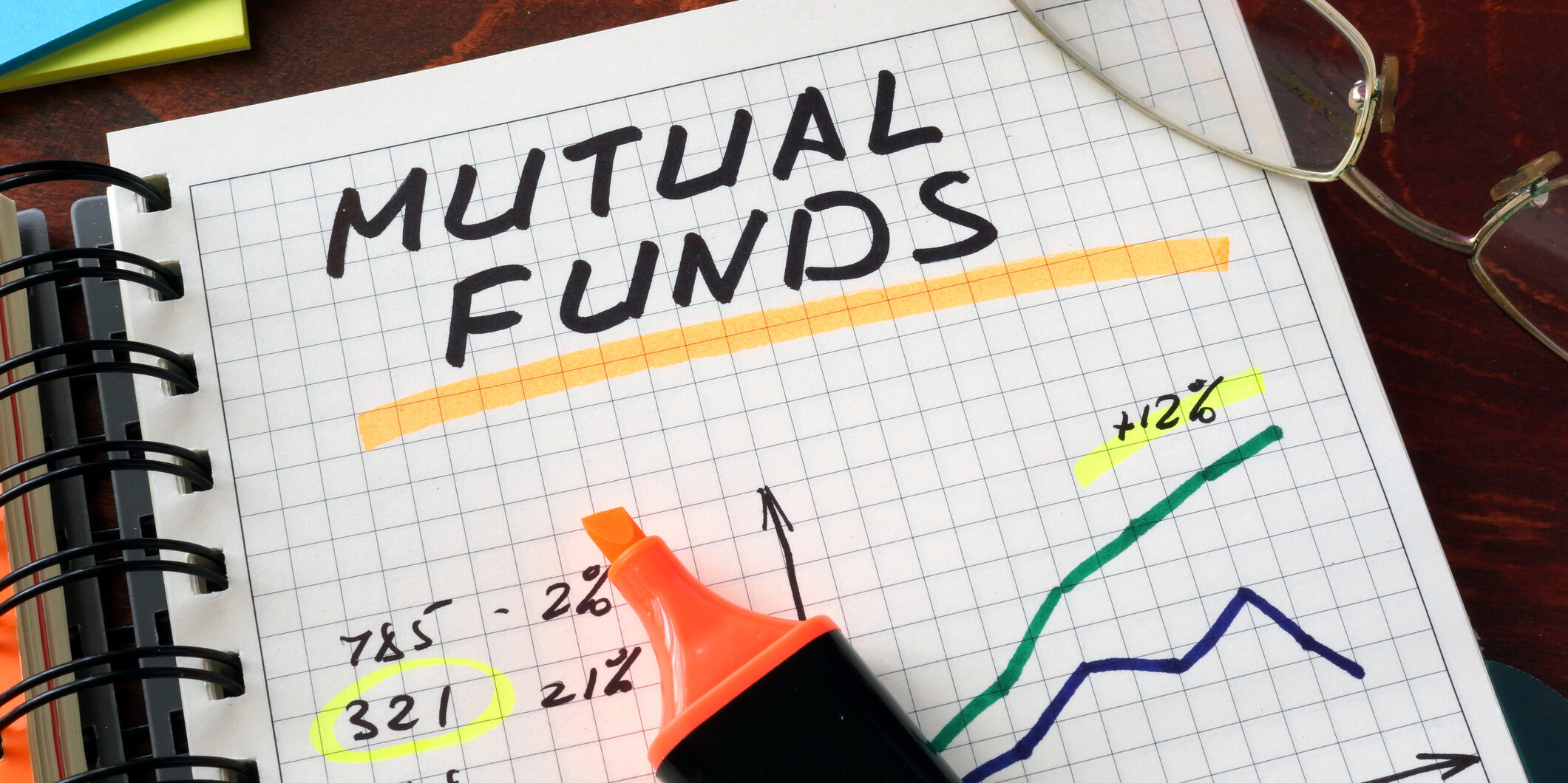 Notebook with mutual funds  sign on a table. Business concept.