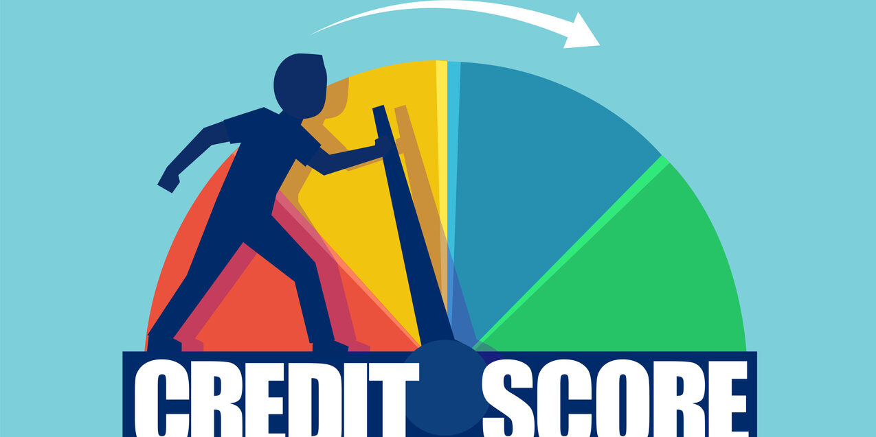 Credit score concept. Vector of a businessman pushing scale changing credit information from poor to good.
