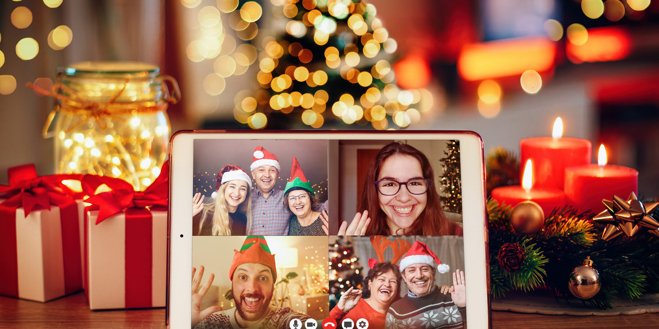 Christmas video call with the family. Concept of families in quarantine during Christmas because of the coronavirus