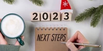 2023 word is made of wooden blocks on the white background . Happy New Year