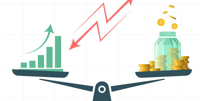Growing graph and money on scales, balance. vector illustration business concept