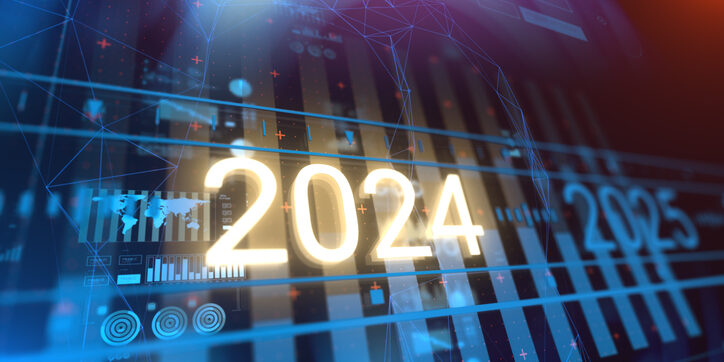 New 2024 year progress bar on digital lcd display with reflection.